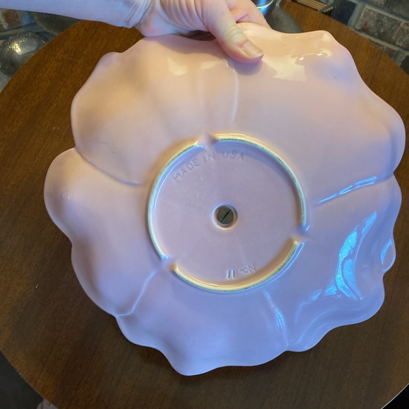 VINTAGE pink floral ceramic serving dish with brass ring handle. Made in USA. - Picture 5 of 11